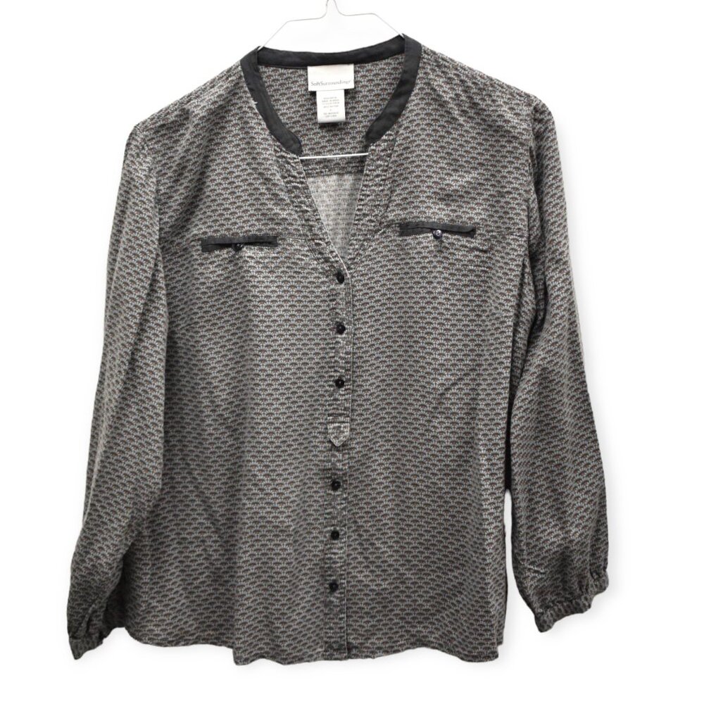 Soft Surroundings Blouse L Womens Printed Button Down V Neck Rayon Long Sleeve